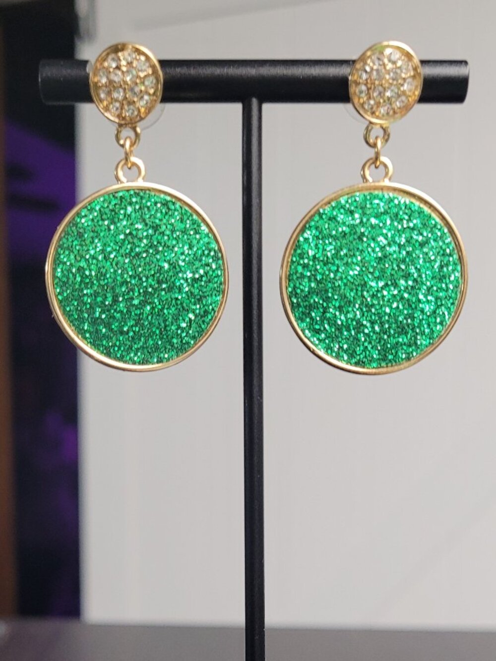 Gold/green glittery earrings with rhinestones NWT